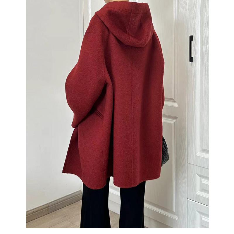 重磅保暖连帽双面羊绒大衣女中长款单排扣大口袋宽松冬羊毛呢外套 - 图1