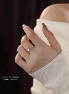 s925纯银鹿角戒指女简约设计感极简风时尚百搭开口戒个性礼物批发