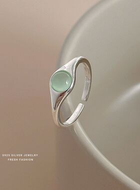 s925纯银绿色猫眼石戒指女潮流极简百搭个性冷淡风开口可调节指环