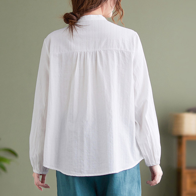 Plus size fat girl stand collar white shirt with earrings for women