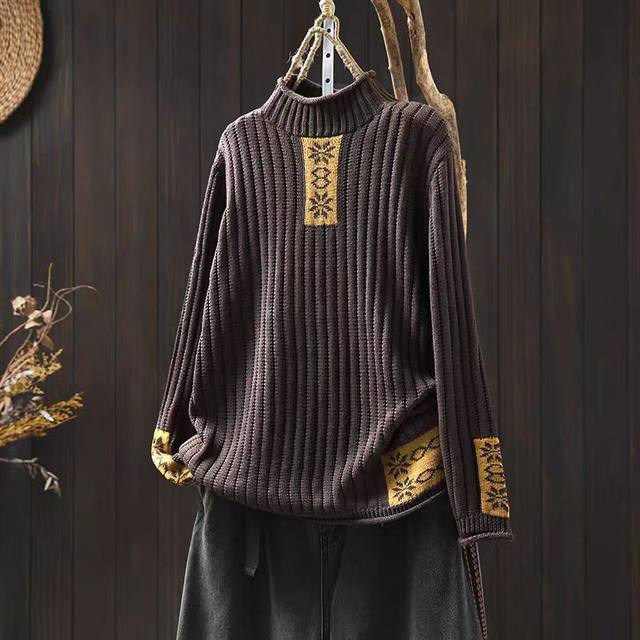 Women's artistic contrast patch embroidered turtleneck sweater