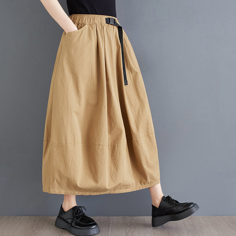 2024年夏季新款高腰半身裙文艺复古工装裙纯色拼接款A字型中长裙,淘宝优惠券,粉丝福利购,淘宝优惠卷