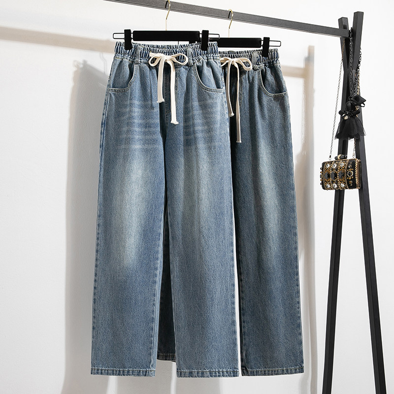 浅色松紧腰抽绳牛仔阔腿裤女冬季加绒大码高腰显瘦宽松直筒长裤子,淘宝优惠券,粉丝福利购,淘宝优惠卷