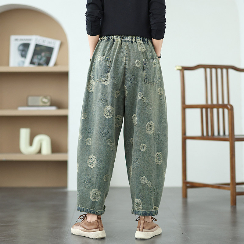复古洋气提花哈伦牛仔裤女春装胖mm大码显瘦萝卜裤高腰复古老爹裤,淘宝优惠券,粉丝福利购,淘宝优惠卷