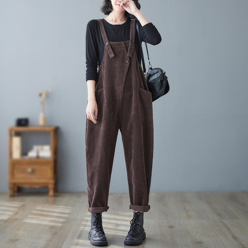 日系复古灯芯绒背带裤女秋冬宽松小个子哈伦吊带裤休闲工装长裤潮,淘宝优惠券,粉丝福利购,淘宝优惠卷