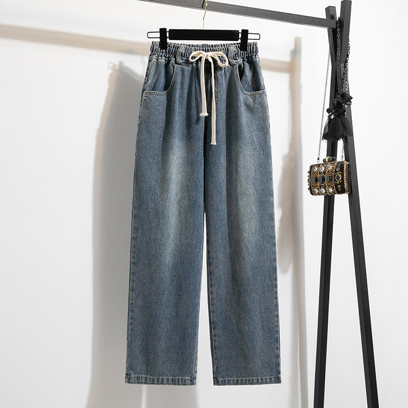 浅色松紧腰抽绳牛仔阔腿裤女冬季加绒大码高腰显瘦宽松直筒长裤子,淘宝优惠券,粉丝福利购,淘宝优惠卷