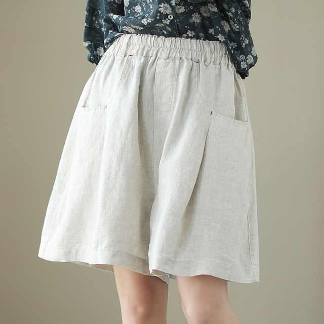 ໂສ້ງຂາສັ້ນ linen ຂອງແມ່ຍິງ breathable ຝ້າຍບາງແລະ linen ຂາກ້ວາງ