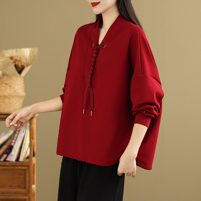 秋冬设计感绑带纯色长袖卫衣胖mm大码女装气质V领百搭休闲上衣潮,淘宝优惠券,粉丝福利购,淘宝优惠卷