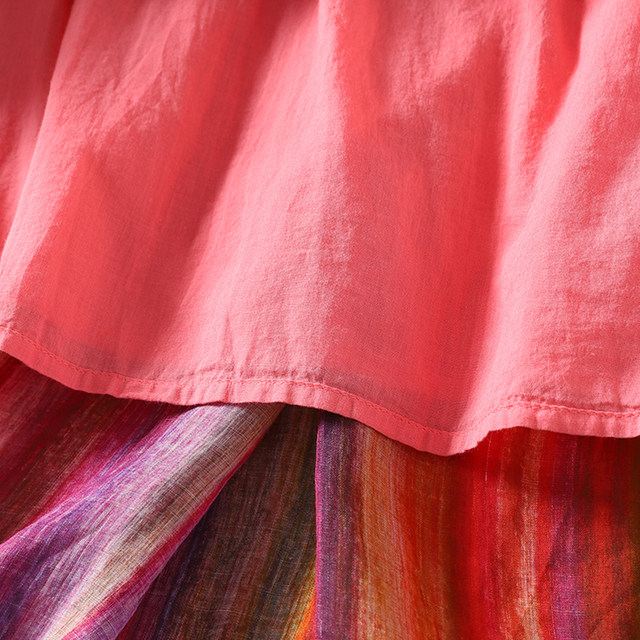 Summer retro versatile double-layer ramie skirt makes you look slim and versatile elastic waist rainbow striped A-line long skirt