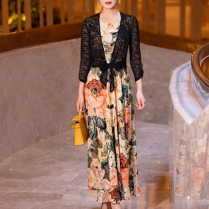 纳绎2025夏季新款时尚优雅气质雪纺印花裙子圆领收腰大摆连衣裙女,淘宝优惠券,粉丝福利购,淘宝优惠卷