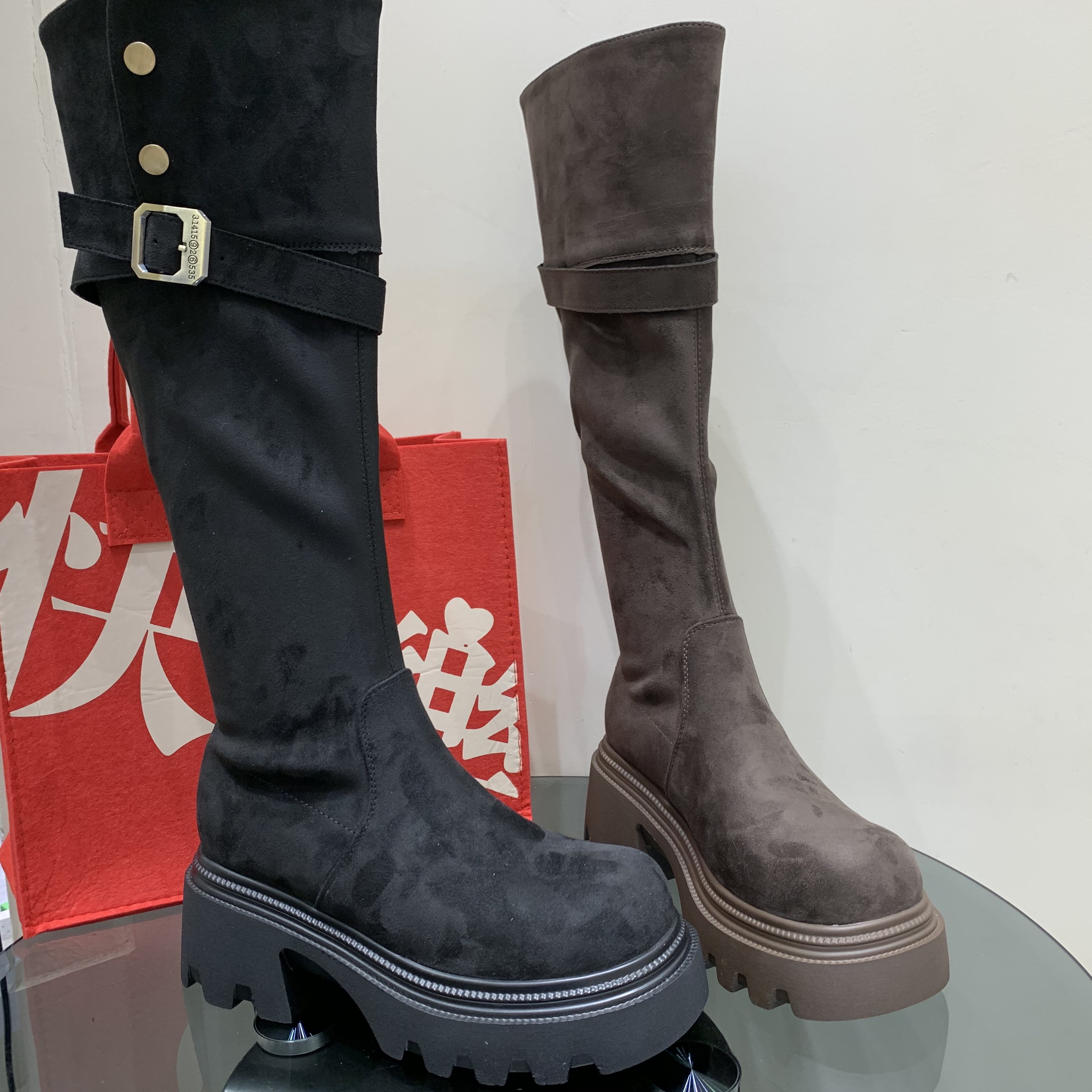 复古绒面骑士靴女2025秋季新款粗跟显瘦皮带扣高筒靴废土风瘦瘦靴,淘宝优惠券,粉丝福利购,淘宝优惠卷