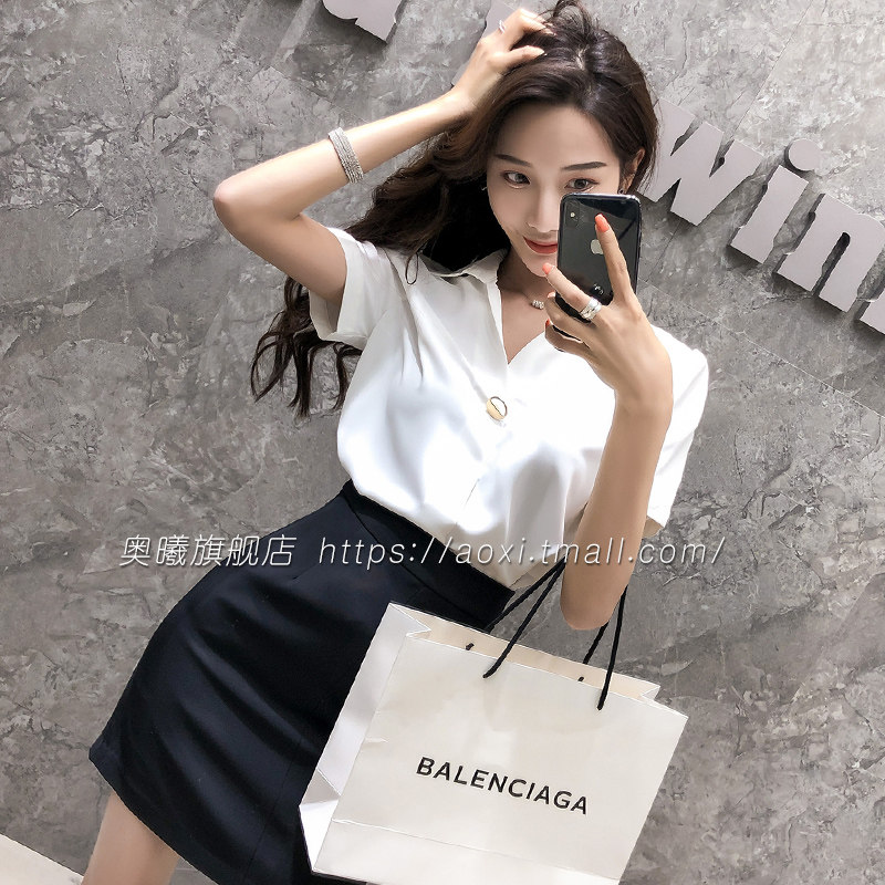 春秋女上衣2020年新款v领白色衬衫 奥曦衬衫