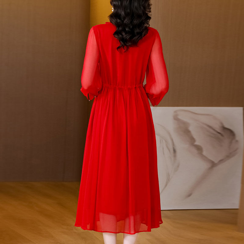 红色连衣裙夏季2024新款高端精致女装气质收腰仙气雪纺中长款裙子