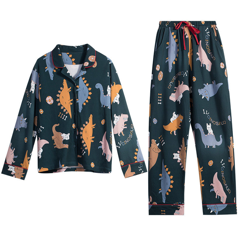 情侣春秋长袖纯棉墨绿恐龙网红睡衣 kerener可人儿睡衣/家居服套装