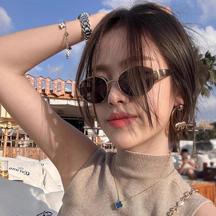 复古金属椭圆形墨镜女款防晒高级感小框港风凹造型老钱风太阳眼镜 - 图0