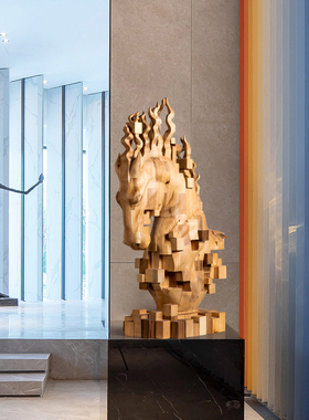 酒店大堂抽象像素马头雕塑摆件