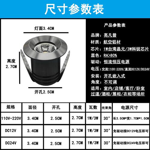 220V12V24伏led迷你小射灯1W3瓦开孔2.5公分嵌入式酒柜展柜牛眼灯 - 图0