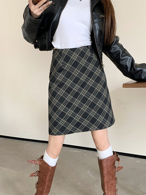 Autumn and winter mid-length skirt plaid high-waisted a-line skirt
