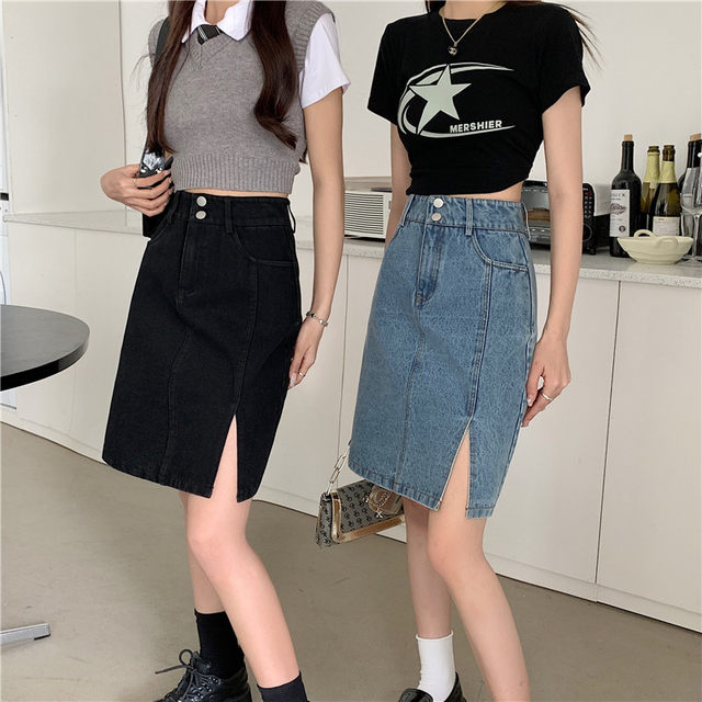 Denim mid-skirt versatile belly-covering A-line skirt summer large size