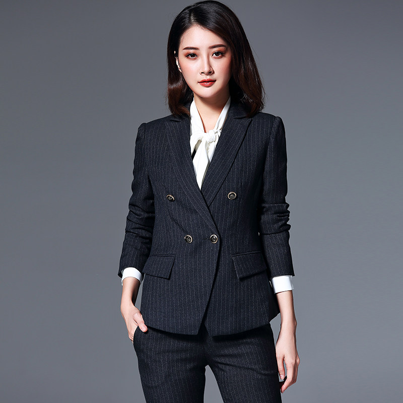 高端竖条纹职业装女套装时尚气质西服修身职业工作服面试商务正装_虎窝淘