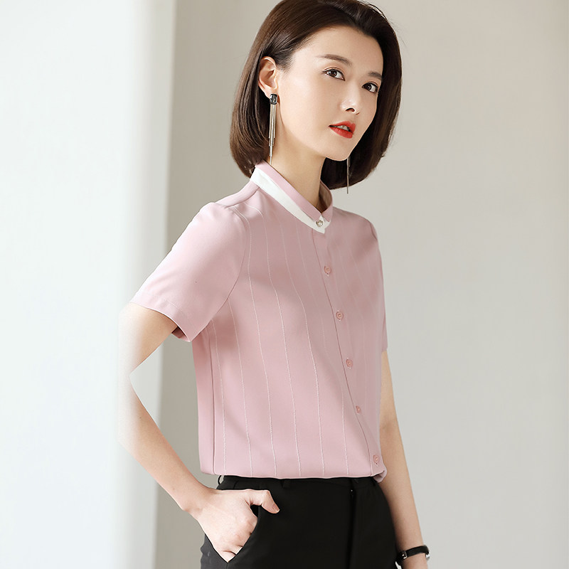 粉色雪纺夏职业装立领短袖薄款衬衫 lucybaily衬衫