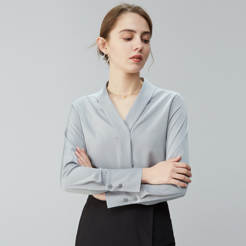 璐丝百丽灰色雪纺衫长袖v领衬衫 lucybaily蕾丝衫/雪纺衫