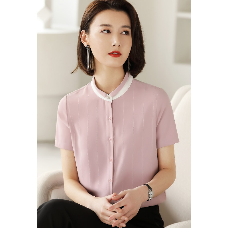 粉色雪纺夏职业装立领短袖薄款衬衫 lucybaily衬衫