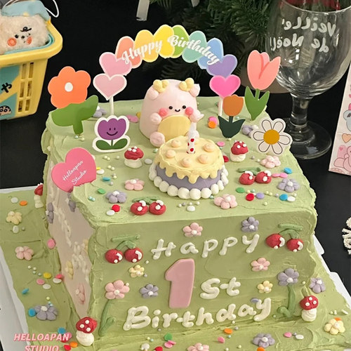 网红同款多巴胺儿童生日蛋糕装饰爱心拱门卡通花朵插件周岁烘焙 - 图3