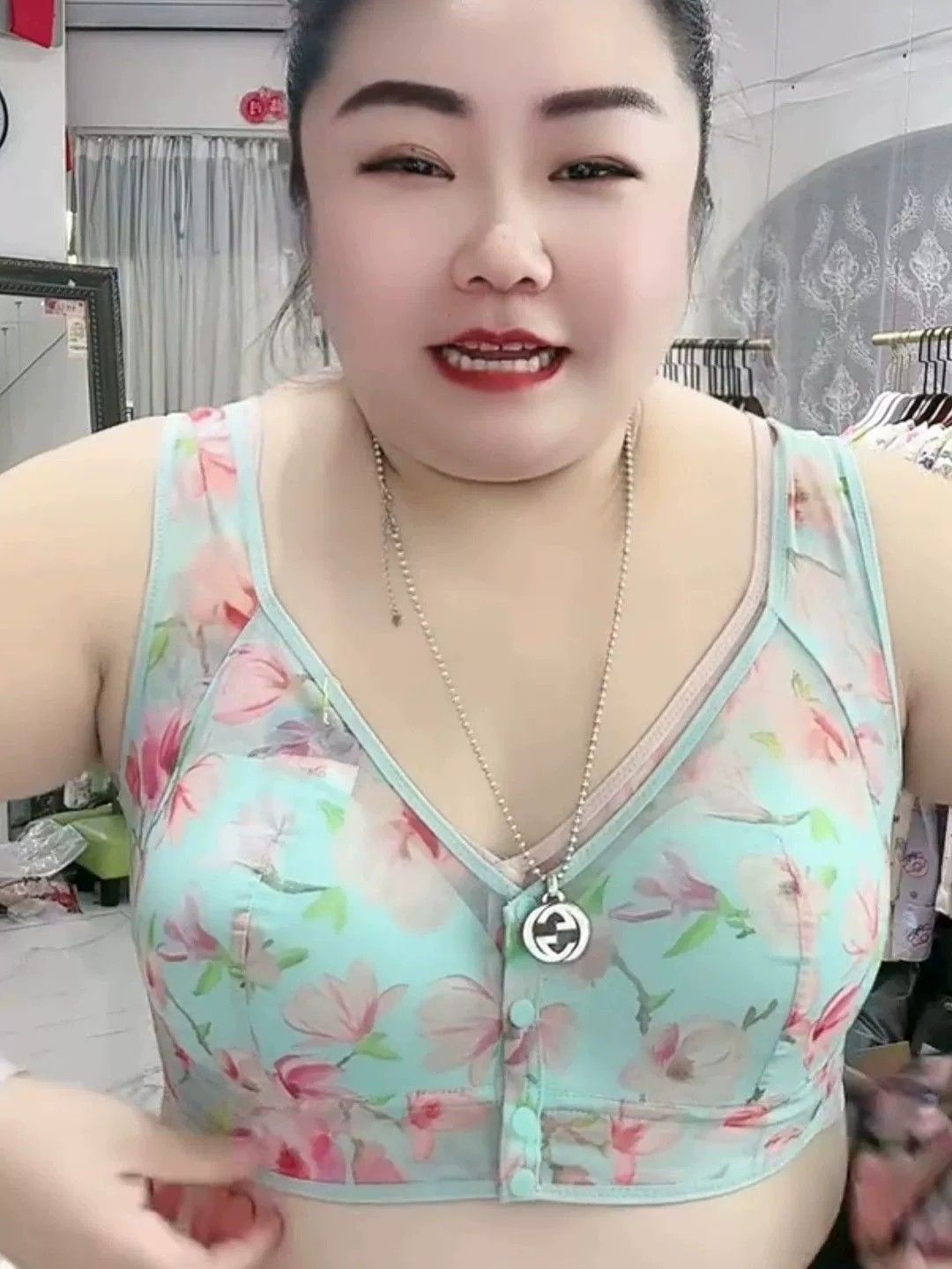 外贸甜美碎花美背背心文胸一体大码聚拢收副乳前开扣网纱内衣薄款