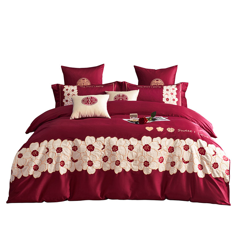 高级感婚庆四件套100支长绒棉全棉纯棉新婚床上用品4\6七件套酒红
