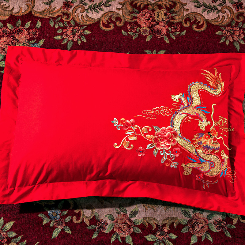 纯棉枕套 刺绣大红色单人枕头皮48*74cm一对龙凤婚庆结婚枕套含芯