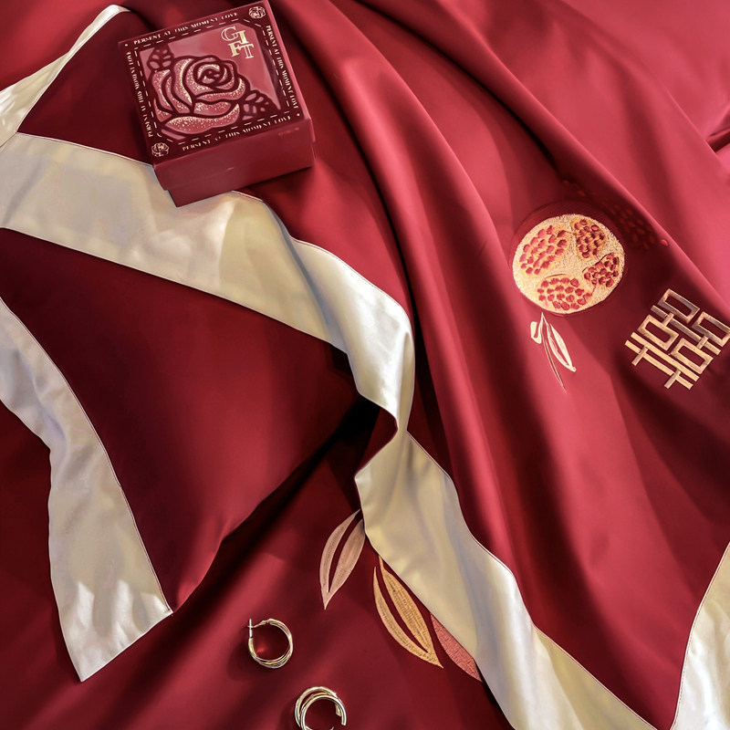 高级感婚庆四件套100支长绒棉全棉纯棉新婚床上用品4\6七件套酒红