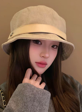 春秋灯芯绒黑色显脸小渔夫帽女