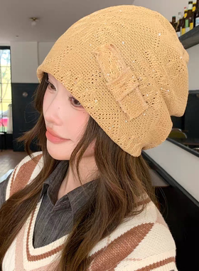 亮片黑春秋女透气显脸小包头帽