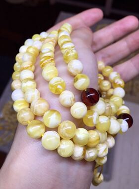 俄料蜜蜡 小年份 氧化 白花108 7.8mm31.5克 金白对比强烈 花纹美