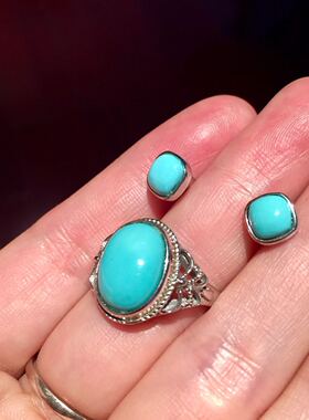 原矿绿松石纯银耳钉细腻戒指