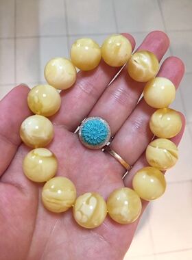 俄料精品 金绞白 白花 蜜蜡 手串 15mm 27.07克 蜡质颜色好