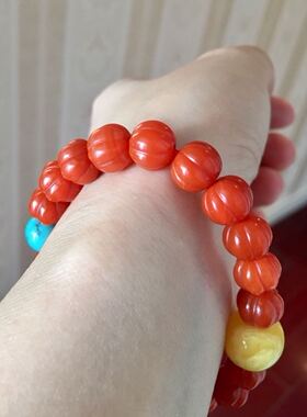 南红天然满色满肉绿松石蜜蜡手串