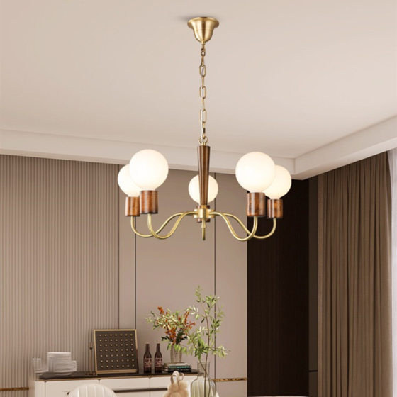 Cream style full copper wood art American modern simple chandelier