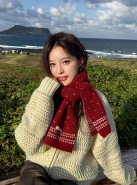 费尔岛红色针织毛线围巾女秋冬季保暖软糯百搭围脖2025年新款加厚
