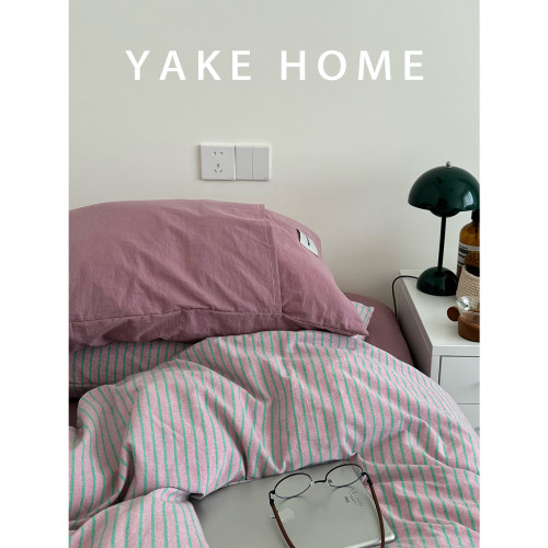 YAKEHOME【蜃楼织境】复古风粉紫色条纹全棉水洗棉四件套纯棉床单 - 图2