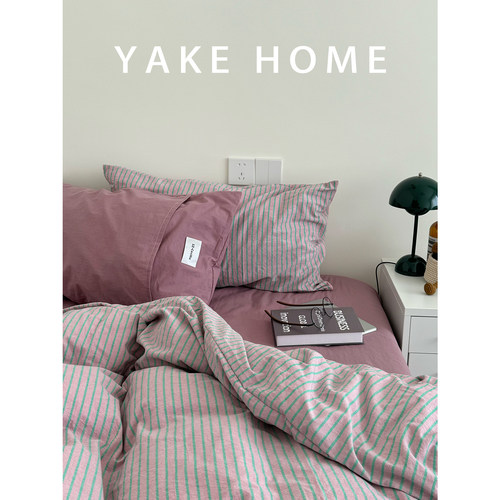 YAKEHOME【蜃楼织境】复古风粉紫色条纹全棉水洗棉四件套纯棉床单 - 图1