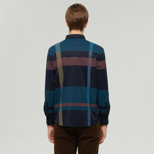 MENHARDUM/蔓哈顿秋冬新品纯棉长袖T恤撞色格纹翻领开衫长绒棉长T - 图0