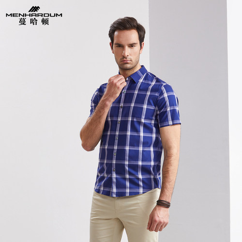 蔓哈顿夏季新款中年男士格子衬衫商务上班休闲短衬修身短衬潮 - 图0
