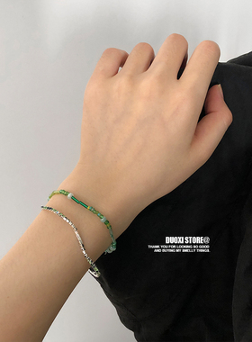 多喜商店【青青子衿】清冷感夏日串珠管珠满钻细链叠戴双层绿手链