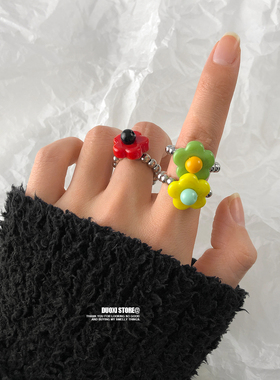 多喜商店【繁花】韩系彩色小花朵撞色串珠ins风琉璃珠微弹戒指环