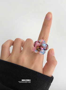 多喜商店【乍见之欢】可爱格纹立体花朵不规则串珠小众设计感戒指