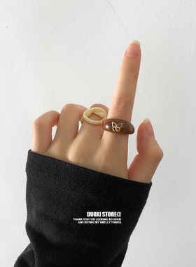 多喜商店【白茶奶冻】复古玳瑁纹豹纹小众设计感日韩叠戴树脂戒指