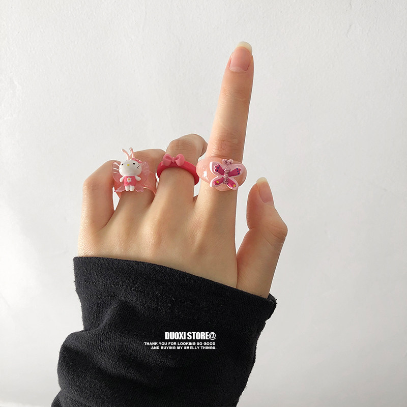 Duoxi Store Elf Princess Pink HelloKitty Kitty bow-length folded ring