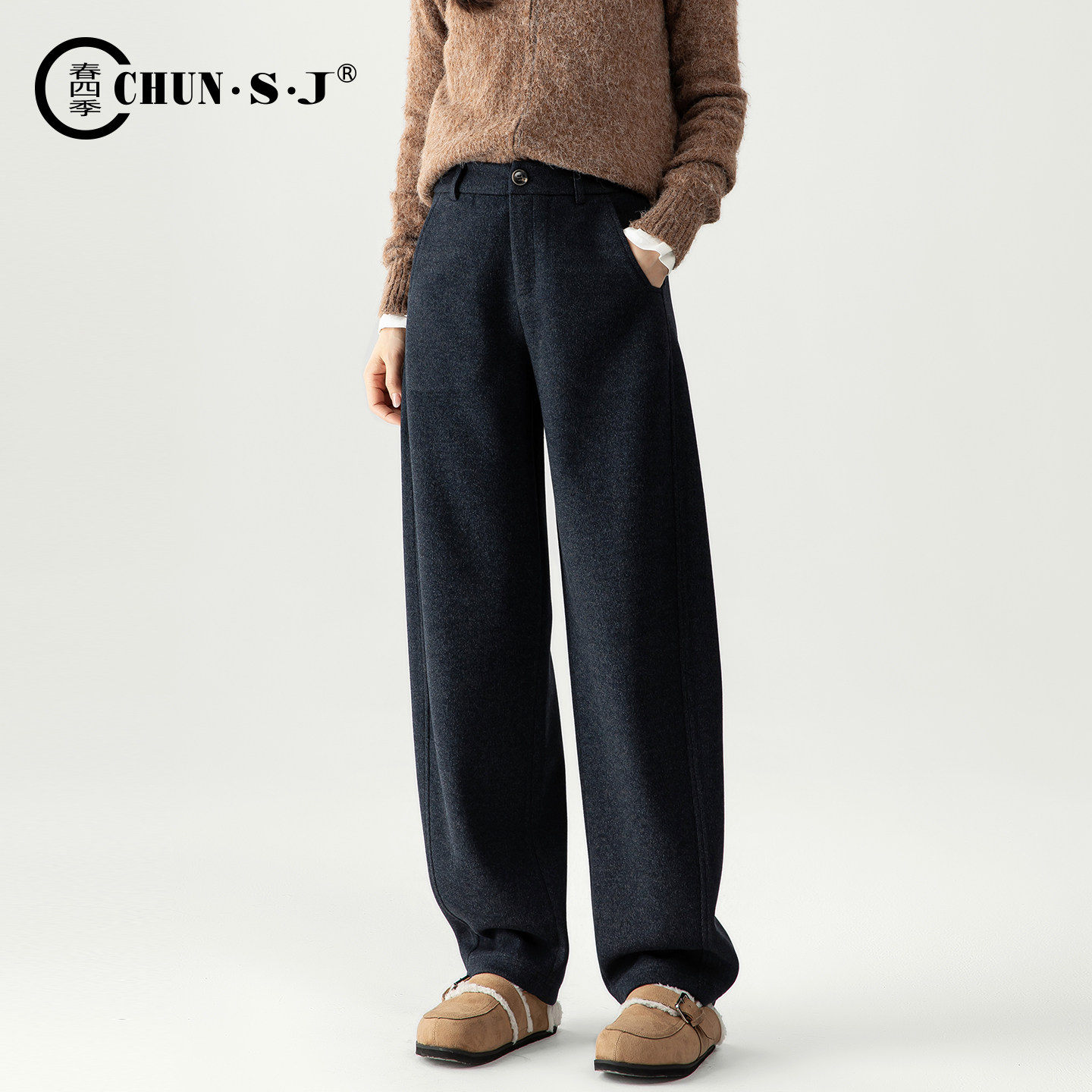 高端羊毛醋酸蚕丝毛呢阔腿裤女2025新款冬季加绒裤子休闲裤弯刀裤,淘宝优惠券,粉丝福利购,淘宝优惠卷